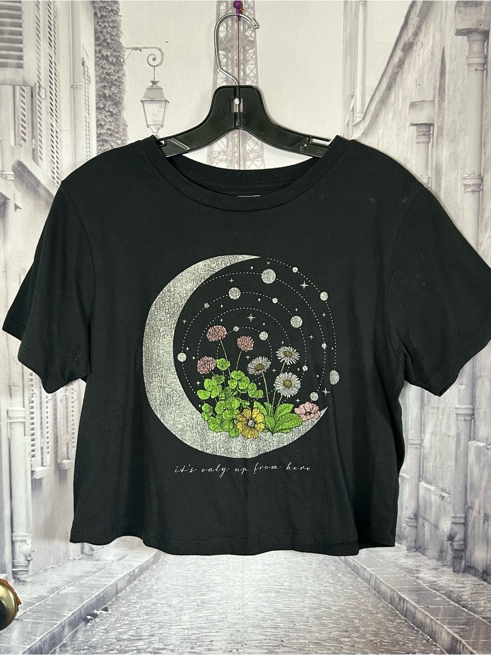 Mighty Fine Black Crop Tee with Moon & Floral Graphic